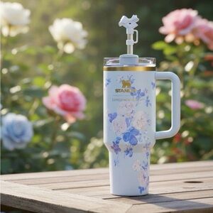 Stenley tumbler 40 oz Light Blue Floral Travel Mug with Gold Accent